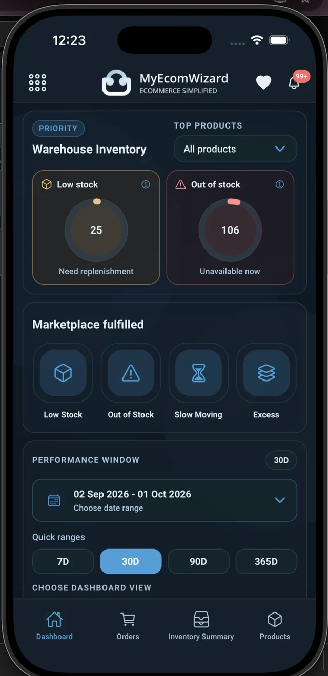 MyEcomWizard mobile dashboard in dark mode