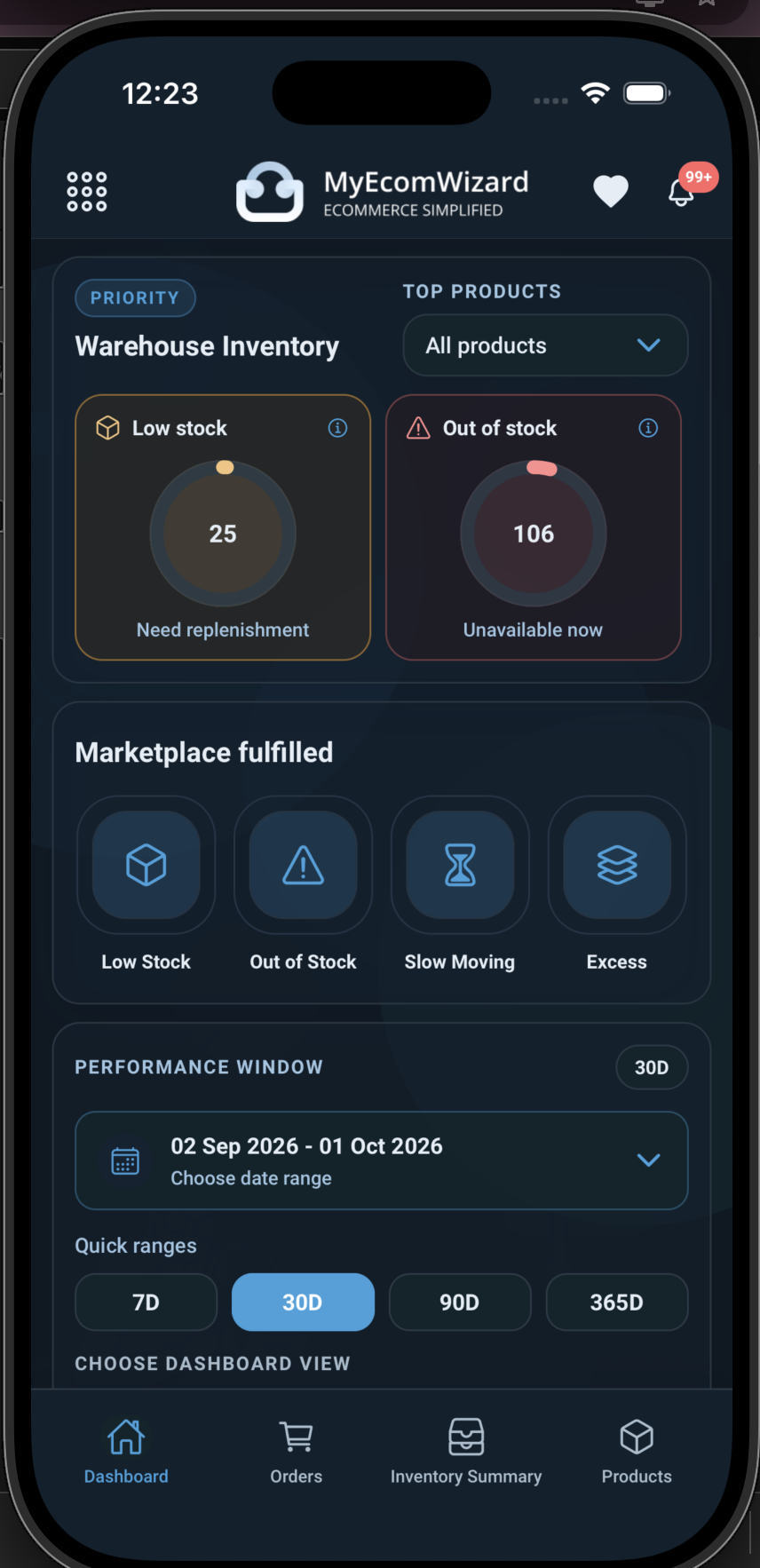 MyEcomWizard mobile dashboard in dark mode