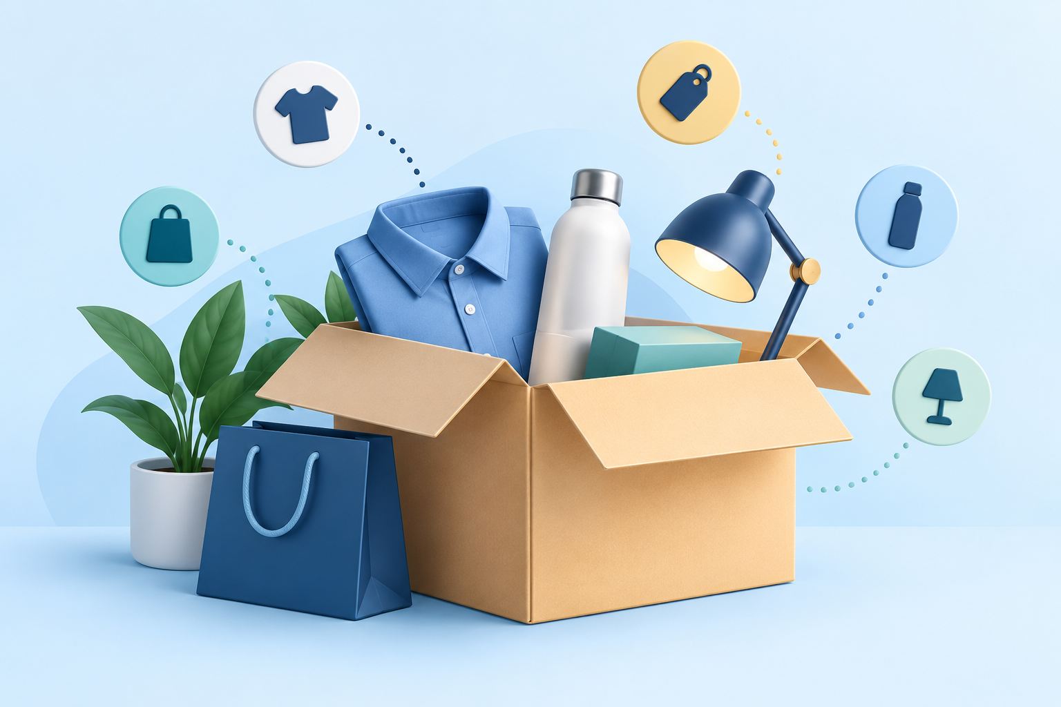 Illustration of an open product box containing a generic assortment of catalogue items