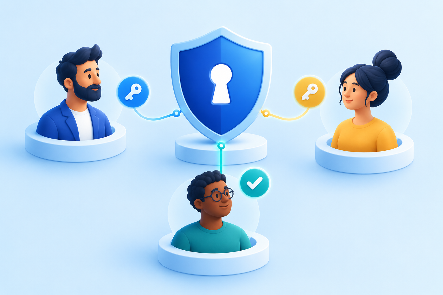 Illustration of team members connected to a security shield with role-access keys